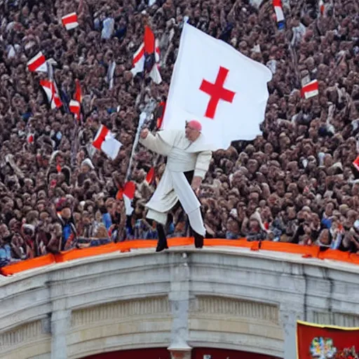 Image similar to pope francis riding giant white mech with the papal flag painted on it, leading the swiss guard in an invasion of eastern europe