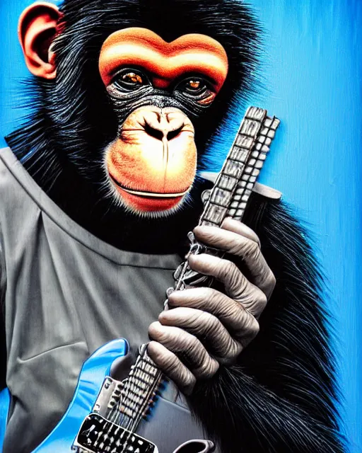 Prompt: a portrait of an anthropomorphic cyberpunk chimp shredding an electric guitar and singing into a microphone on a stand by sandra chevrier, by jon foster, detailed render, tape deck, epic composition, cybernetics, 4 k realistic, cryengine, realistic shaded lighting, sharp focus, masterpiece, by enki bilal