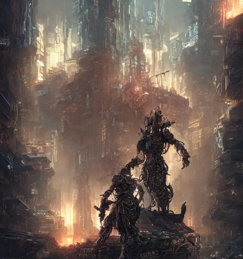 Image similar to cyberpunk gladiator, cinematic, highly detailed, octane render, cg, rich cinematic atmosphere, perfect digital art, mystical journey in strange world, Mystical, cyberpunk, tech war, sci-fi, surreal, glowing lights, sharp focus, high detailed, by Akihiko Yoshida, michael whelan and Karol Bak