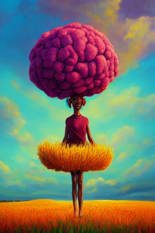 Prompt: closeup, a giant flower as the head, african woman in heather field, surreal photography, golden hour, colorful clouds, impressionist painting, digital painting, artstation, simon stalenhag