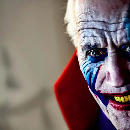 Prompt: Joe Biden as The Joker in Batman, film grain, EOS-1D, f/1.4, ISO 200, 1/160s, 8K, RAW, symmetrical balance, in-frame, Dolby Vision