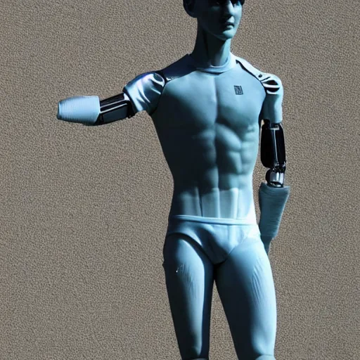 Image similar to a realistic detailed photo of a guy who is an attractive humanoid who is half robot and half humanoid, who is a male android, soccer player martin ødegaard, shiny skin, posing like a statue, blank stare, by the pool, on display, showing off his muscles, humanoid robot, frozen ice statue