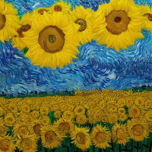Prompt: an ocean of sunflowers in a storm in the style of Van Gogh