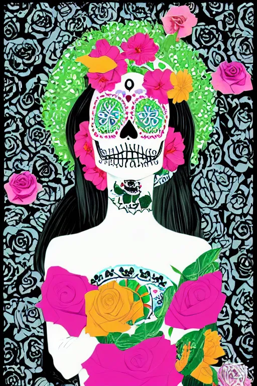 Image similar to Illustration of a sugar skull day of the dead girl, art by Tatsuro Kiuchi