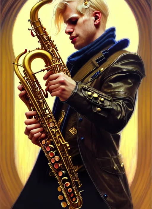 Image similar to portrait of a blond man playing sax, warhammer 40000, cyberpunk, intricate, elegant, highly detailed, digital painting, artstation, concept art, smooth, sharp focus, illustration, art by artgerm and greg rutkowski and alphonse mucha and Gustav Klimt