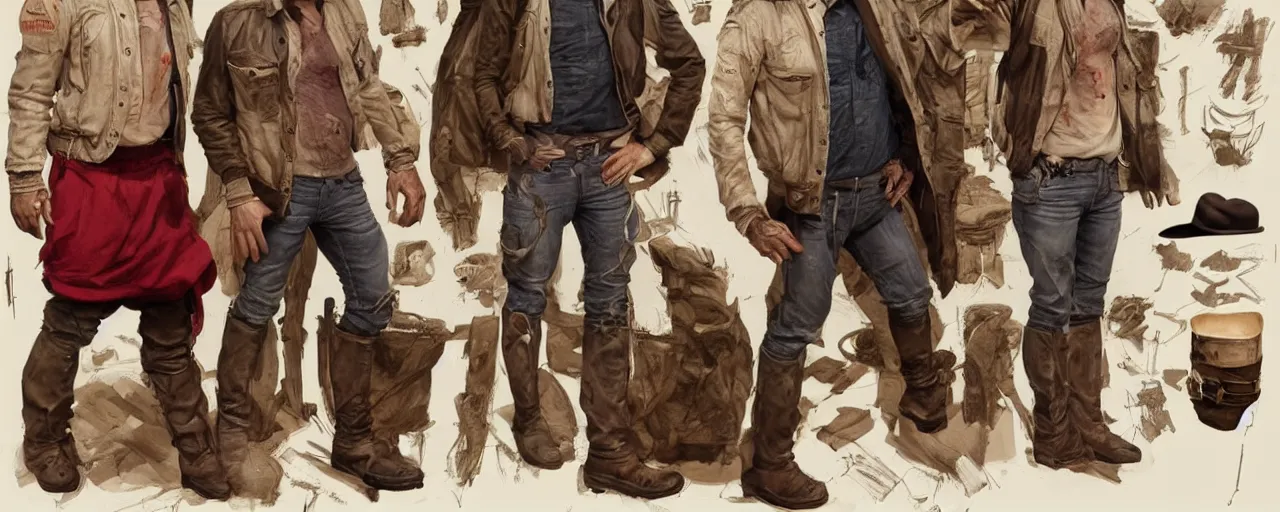 Image similar to character design, reference sheet, gaunt, 40's adventurer, unshaven, optimistic, stained dirty clothing, straw hat, riding boots, red t-shirt, dusty rown bomber leather jacket, concept art, photorealistic, hyperdetailed, 3d rendering! , art by Leyendecker! and constable,