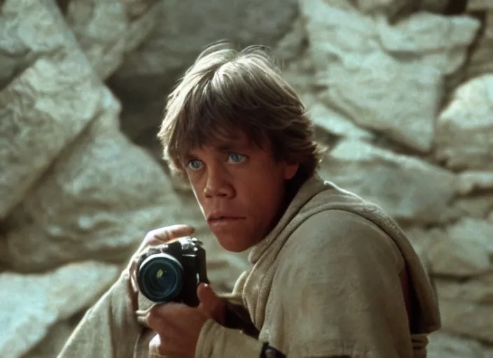 Image similar to screenshot photo of Luke Skywalker in the film temple of doom (1984) finding the ancient jedi texts in a rocky cave, Photographed with Leica Summilux-M 24 mm lens, ISO 100, f/8, Portra 400, 4K, anamorphic