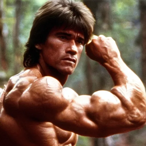 Prompt: arnold schwarzenegger in a still from the movie Rambo (1982)