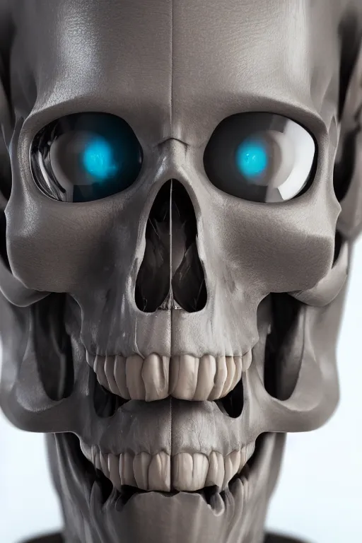 Prompt: closeup shot of a cyborg head, skull, macro shot, dof, cinematic, volumetric lighting, studio shot, octane render, focus, 8 5 mm lens, 4 k