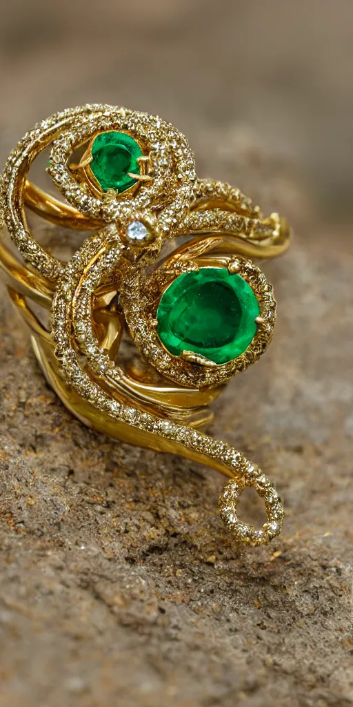 Image similar to a golden ring which is shaped in the form of an ouroboros with emerald jewels as eyes, Nikon D810, ƒ/5.6, focal length: 60.0 mm, ISO: 200