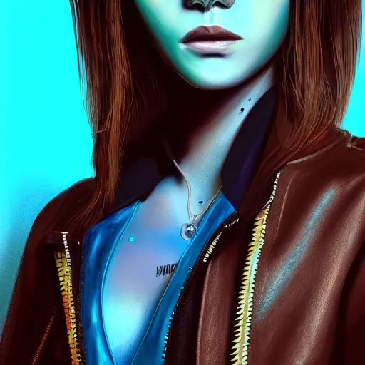 Prompt: closeup painting of a very beautiful young mexican cyberpunk woman, wearing light blue shutter shades and a dark brown leather jacket, one side haircut, long brown hair with light blue ends, portrait, hyperdetailed, artstation, cgsociety, 8 k, synthwave by tangerine dream