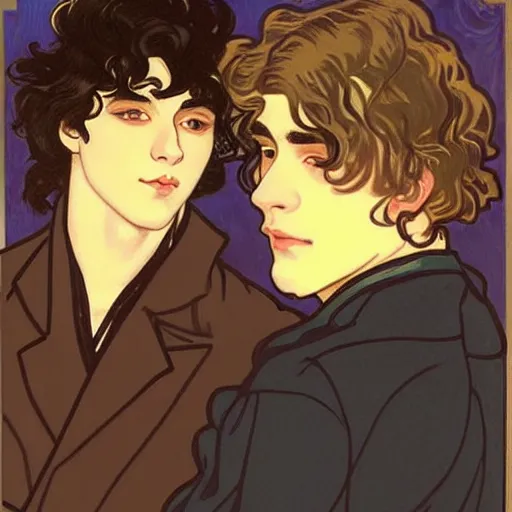 Image similar to painting of young cute handsome beautiful dark medium wavy hair man in his 2 0 s named shadow taehyung and cute handsome beautiful min - jun together at the halloween! party, bubbling cauldron!, candles!, smoke, autumn! colors, elegant, wearing suits!, delicate facial features, art by alphonse mucha, vincent van gogh, egon schiele