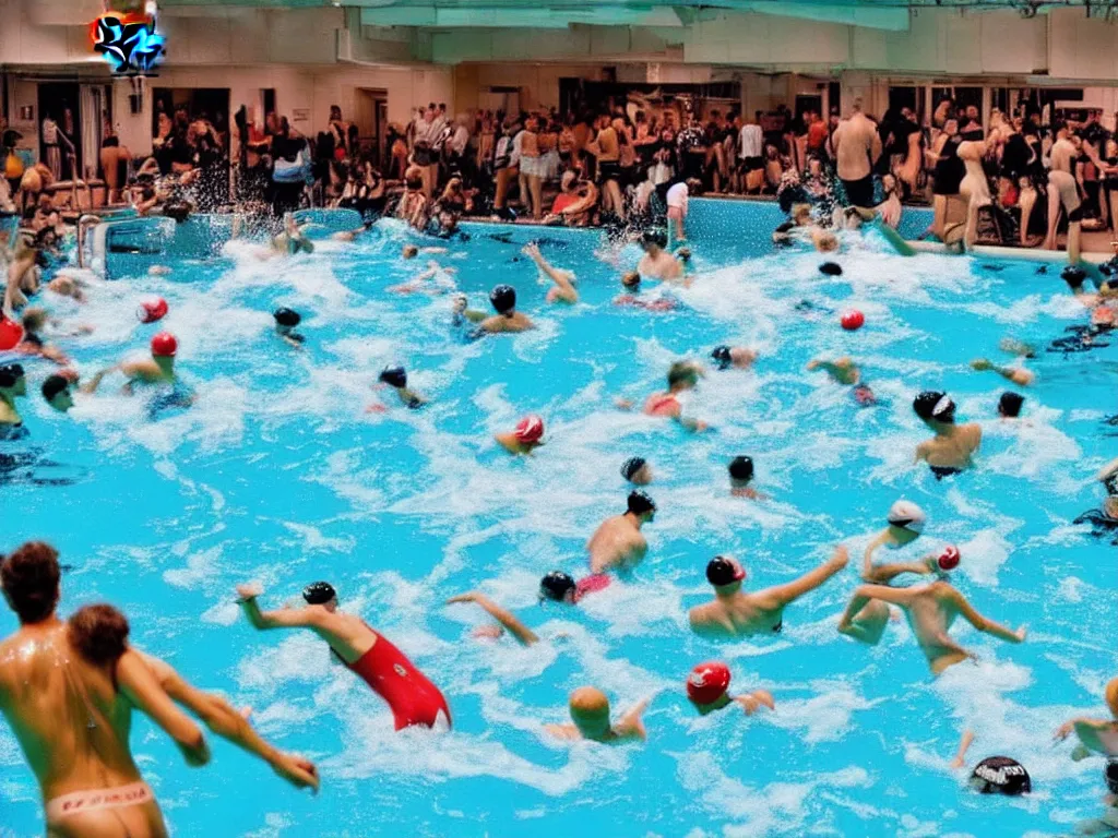 Image similar to a perfect photograph of a train crashing through a crowded swimming pool. sponsored by nike