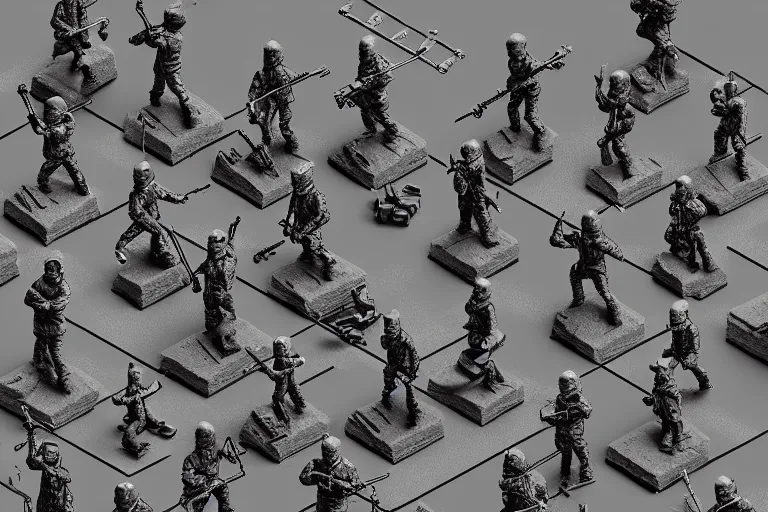 Image similar to isometric toy soldiers, dark landscape, by dan mumford and by alberto giacometti, peter lindbergh, malevich, william stout, zbrush