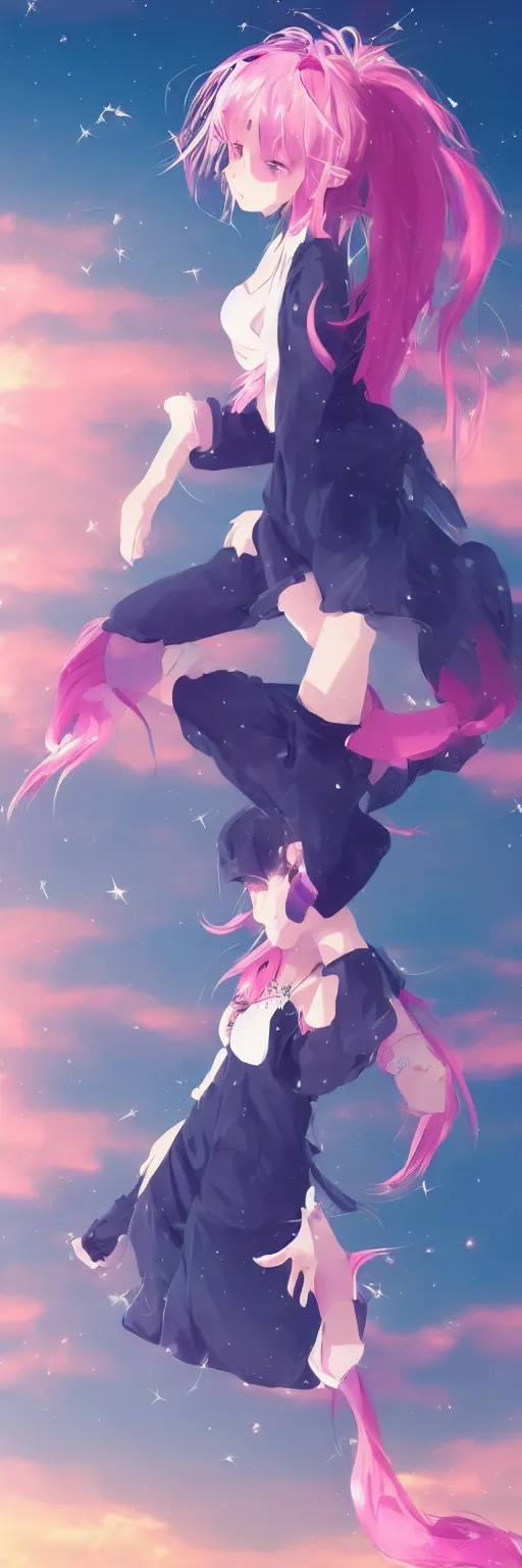 Image similar to A beautiful anime cat girl with pink hair, rule of thirds, digital art, iphone wallpaper, cgsociety, trending on artstation, sunset backgroung with shooting stars in the sky