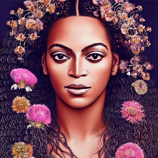 Image similar to portrait of Beyonce as a young pretty woman in flowing dress, arrogant, mysterious, long fine flowing hair, delicate, looking at camera, realistic face, intricate, stylish, elegant, grimdark, flowers, extremely detailed photograph by Martine Johanna and Ernst Haeckel and Greg Rutkowski