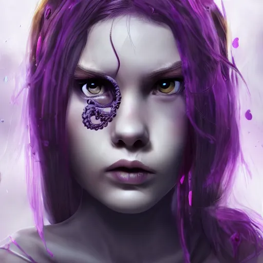 Prompt: artstation young girl with purple eyes and tentacles on her head in fury, very detailed, in glass town, portrait, high contrast, unreal engine 5