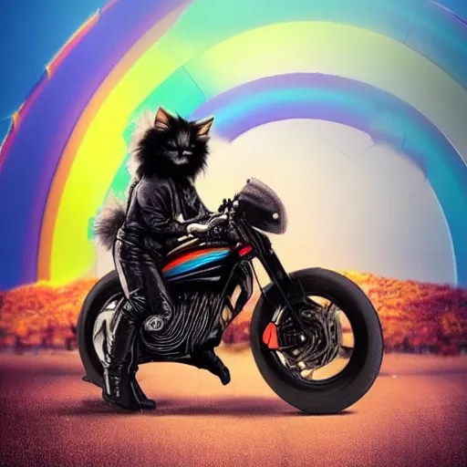 Image similar to wide angle full body, jacket wearing fluffy cute rainbow kitten wearing a black leather motorcycle jacket, riding on a motorcycle, cinematic concept art