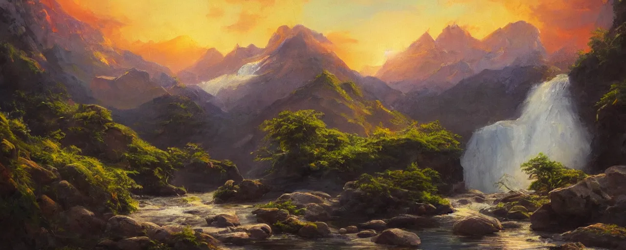 Image similar to a serene landscape with mountains and waterfall, oil painting, light brush strokes, cinematic light, sunset, intricate details, dynamic