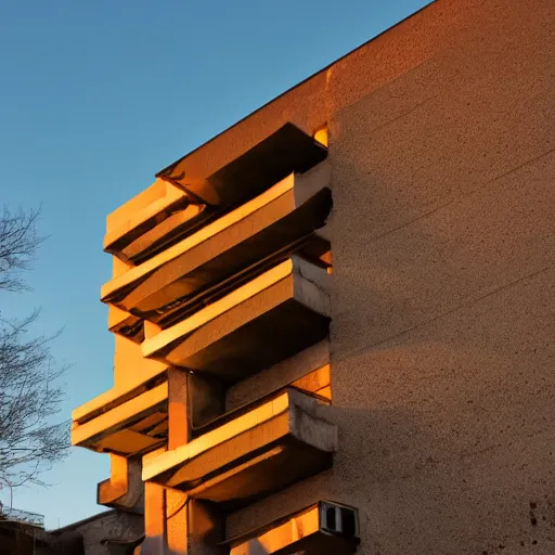 Prompt: Beautiful Photograph of a Brutalist socialist modernist Building, lowshot, golden-hour