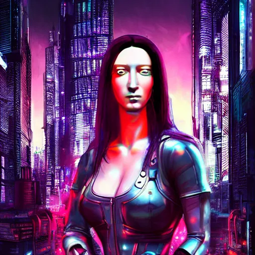 Image similar to Cyberpunk monalisa, cyberpunk in a cyberpunk city, 8k, trending on artstation, professionally detailed