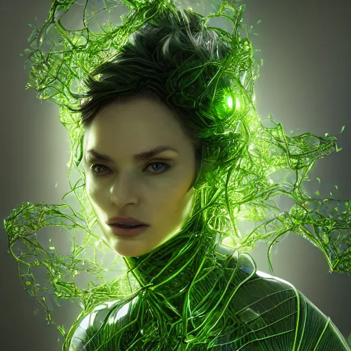 Image similar to a highly detailed digital image of a shattering futuristic woman elegantly tangled in green leafy vines, matte white background by Andrew Chiampo, artstation, and Frederik Heyman, extremely detailed woman, stunning volumetric lighting, hyper realism, fantasy 4k
