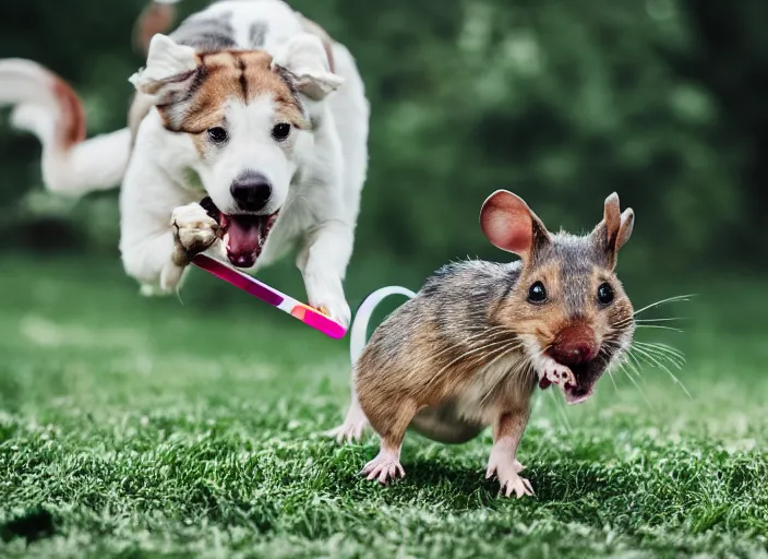 Image similar to photo still of a dog chasing a mouse while eating a popsicle, 8 k, 8 5 mm f 1. 8