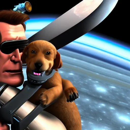 Image similar to t 8 0 0 terminator eating sandwich, hugging a cute puppy while surfing on a saxophone over rings of saturn in space, team fortress 2 sцcreenshot