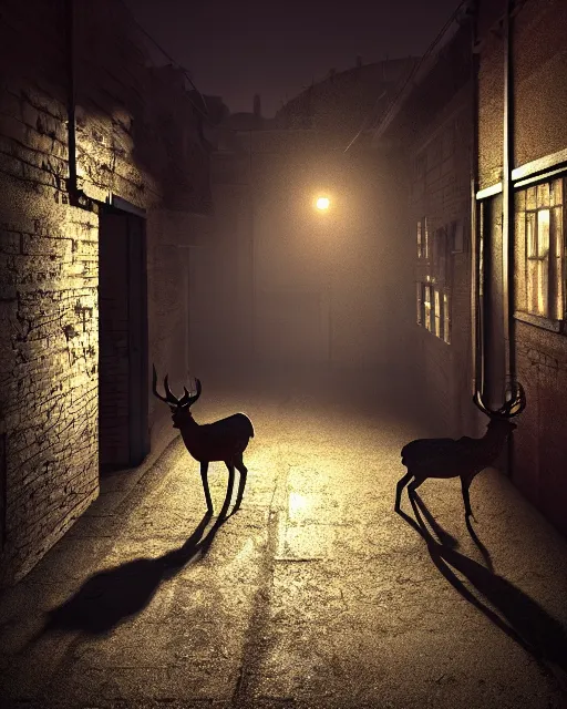 Image similar to artstation scifi scene of two deer long shadow, in a shabby town narrow alley, dim lights, long shadows, summer unreal engine 5, hyper realism, realistic shading, cinematic composition, blender render, octane render, hdr, detailed textures, photorealistic, wide shot