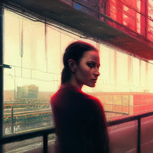 Prompt: detailed portrait of a woman, moment, cyberpunk elevated train, electronic billboards, tech noir, wet reflections, atmospheric, ambient, livia prima, greg rutkowski, edward hopper, pj crook