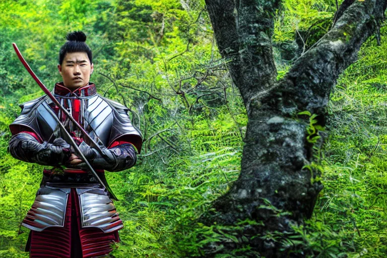 Prompt: A medium shot photo of a hero sci-fi futuristic samurai warrior with advanced technology, standing with a katana in his hands in an overgrown ancient valley, cinematic, shallow dof