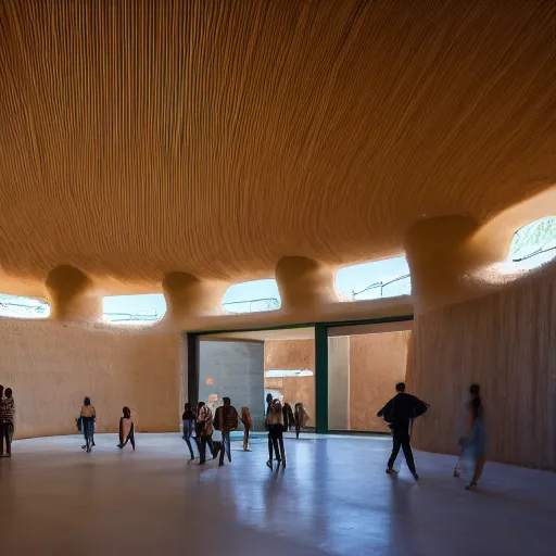 Image similar to indoor photo of a complex cultural building made of totemic rammed earth, people walking