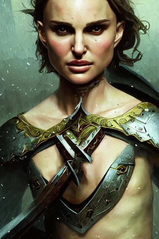 Image similar to natalie portman, legendary warrior, heroic, lord of the rings, tattoos, decorative ornaments, battle armor, by carl spitzweg, ismail inceoglu, vdragan bibin, hans thoma, greg rutkowski, alexandros pyromallis, perfect face, fine details, realistic shading photorealism