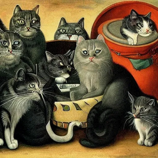 Prompt: cats taking over the world in the style of hieronymus bosch