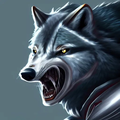 Image similar to half length portrait of an anthropomorphic wolf knight character, epic dramatic digital painting, trending on artstation