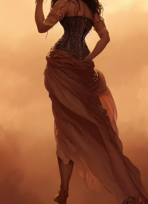 Image similar to cute brown woman wearing a translucent corset dress, fantasy, intricate, highly detailed, digital painting, artstation, concept art, wallpaper, smooth, sharp focus, illustration, art by artgerm and greg rutkowski and alphonse mucha