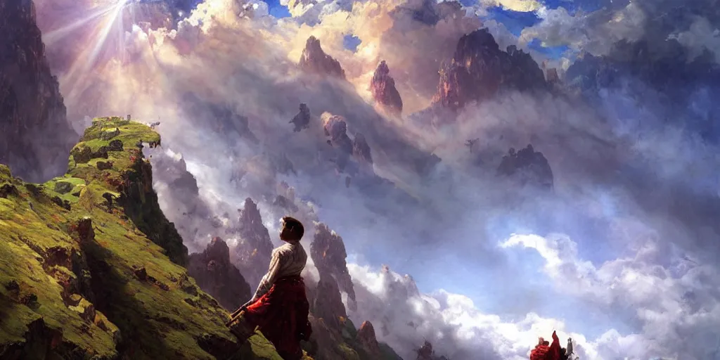 Prompt: heroic single giant mountain olympus piercing the sky sun shining brightly over beautiful clouds at the summit lush forests close up forest vista waterfalls villages castles, buildings artstation illustration sharp focus sunlit vista painted by ruan jia raymond swanland lawrence alma tadema zdzislaw beksinski norman rockwell tom lovell alex malveda greg staples