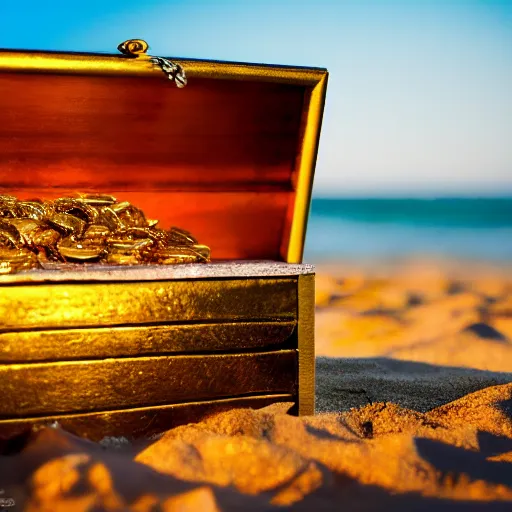 Prompt: Photo of a treasure chest filled with gold and golden accessory on a island, 8k, golden hour, dramatic lighting