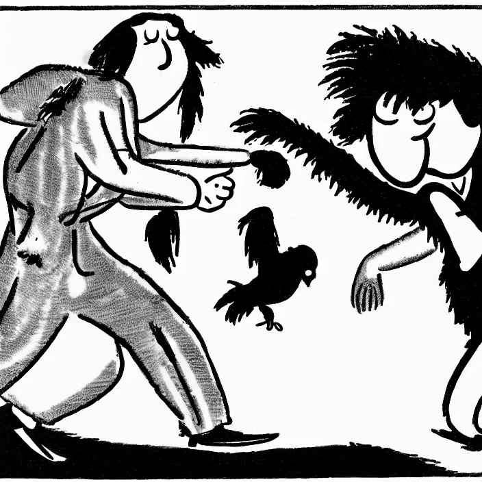 Image similar to a still frame from comic strip, person fighting with a black hairy furry bird 1 9 5 0, herluf bidstrup, new yorker illustration, monochrome contrast bw, lineart, manga, tadanori yokoo, simplified,