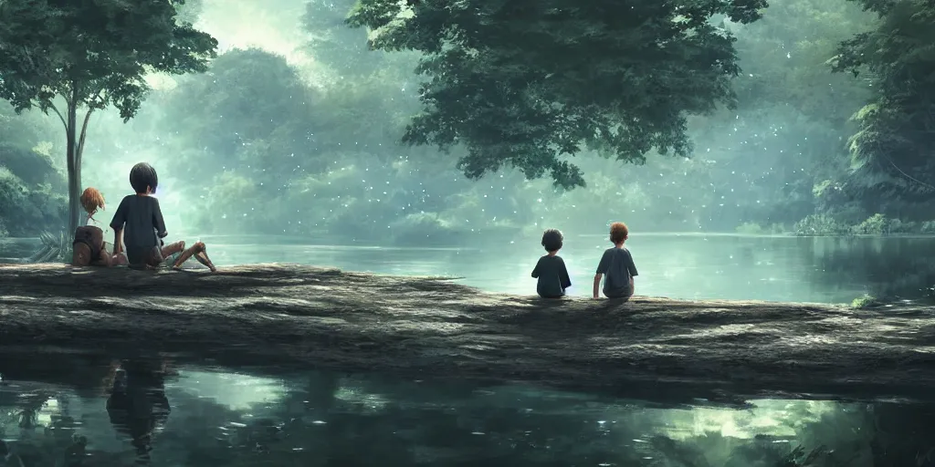 Image similar to a big silver dragon and a boy sitting next to lake in forest, many fireflys, at night, concept art, dof, cryengine, digital art, detailed background, makoto shinkai