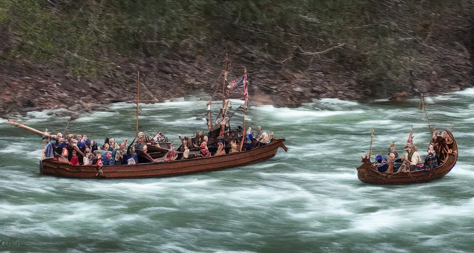 Prompt: fast viking ship sailing down a river, f / 2. 8, motion blur