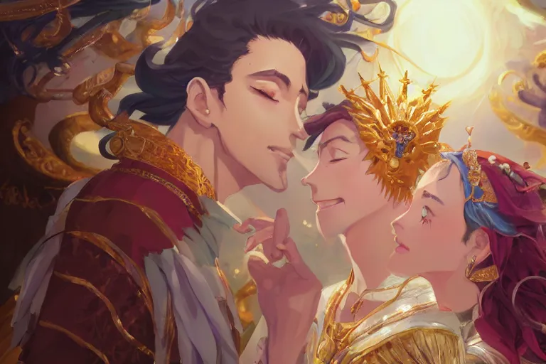 Image similar to close up moment of a divine a sun god and a moon goddess lovers magician at a wedding banquet, highly detailed, d & d, fantasy, 4 k realistic, digital painting, trending on artstation, concept art, sharp focus, illustration, art by makoto shinkai and akihiko yoshida and daniel gerhartz