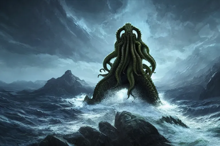 Image similar to giant Cthulhu, photorealistic, long shot, epic, horizon mountain over water by Andree Wallin