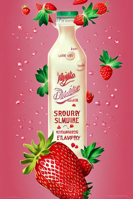 Prompt: a hyperdetailed exquisite delicate strawberry and floating milk fluid poster, plane illustration, fight with strawberries, the milk is not in the bottle, top milk brands, 4 k hd wallpaper illustration, package cover, golden curve composition