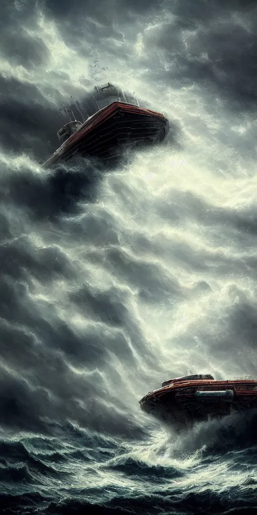 Prompt: scifi barge in turbulent waters in rocky coast, storm in the background, hyper realistic, highly detailed, digital art, apocalyptic, intimidating lighting, raytracing, sharp focus, smooth, romanticism