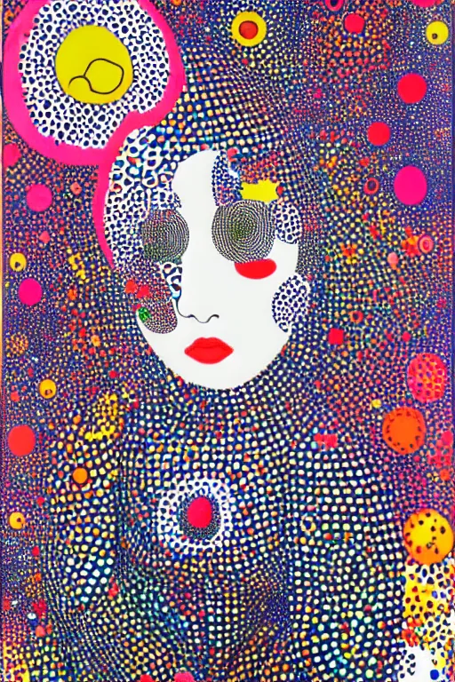 Prompt: yoshitaka amano, yayoi kusama, ethereal being woman in galaxy