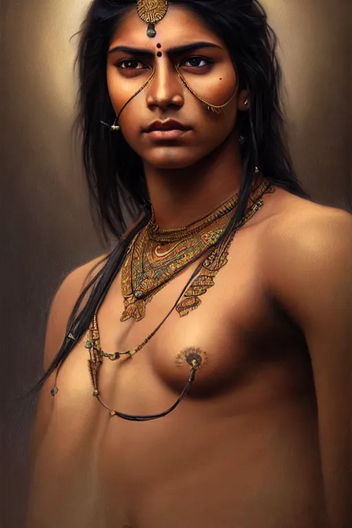 Prompt: photorealistic portrait of a young butch indian woman, handsome, female, masculine, upper body, fantasy, fierce, sharp features, intricate, elegant, highly detailed, digital painting, artstation, concept art, matte, sharp focus, illustration, art by artgerm and greg rutkowski and alphonse mucha