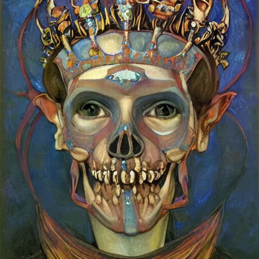 Image similar to the crown of madness and bones, by Annie Swynnerton and Nicholas Roerich and Diego Rivera, bioluminescent skin, elaborate costume, geometric ornament, symbolist, cool colors, dramatic cinematic lighting, smooth, sharp focus, extremely detailed