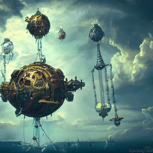 Image similar to flying city in a mechanical flower, sky, fantasy art, steampunk, masterpiece, octane