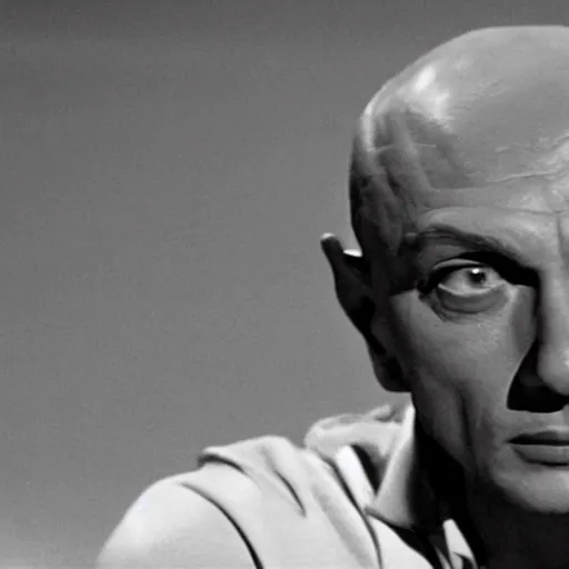 Image similar to a cinematic still of a disembodied head of Yul Brynner judging and scowling at the village that lives on the land below him